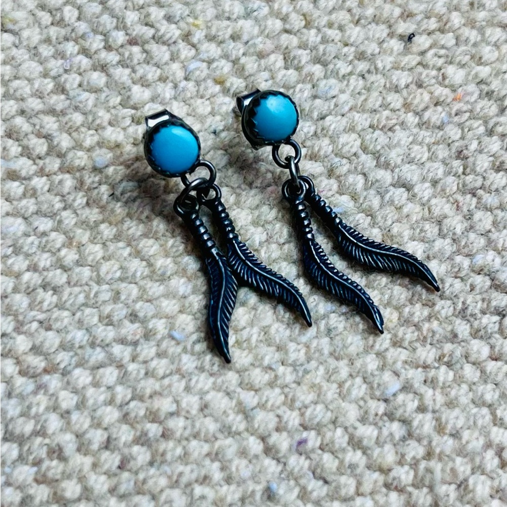 VTG 2000s Sterling Silver Turquoise Feather Dangle Earrings